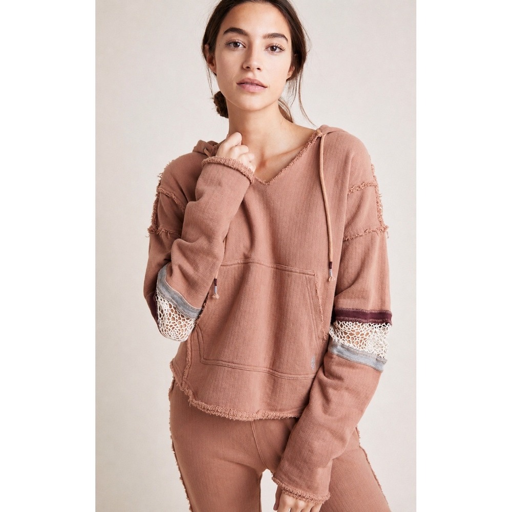 Free People Movement Dream Catcher Hoodie Oversized Rose Pink Crochet Lace Large - Picture 3 of 5